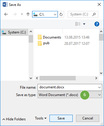 Save as type: Word Document (*.docx)