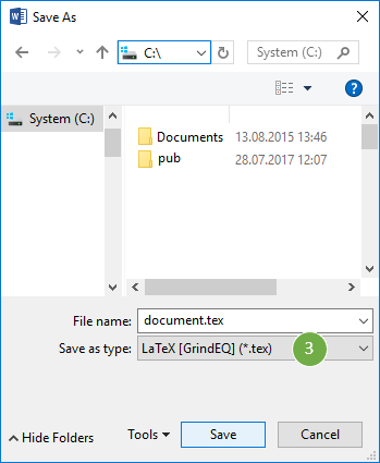 Save as type: LaTeX [GrindEQ] (*.tex)